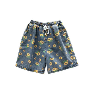 Riolio Summer Cotton Denim Shorts Men's Fashion Casual Flowers Denim Shorts Men Streetwear Korean Loose Drawstring Denim Shorts Mens